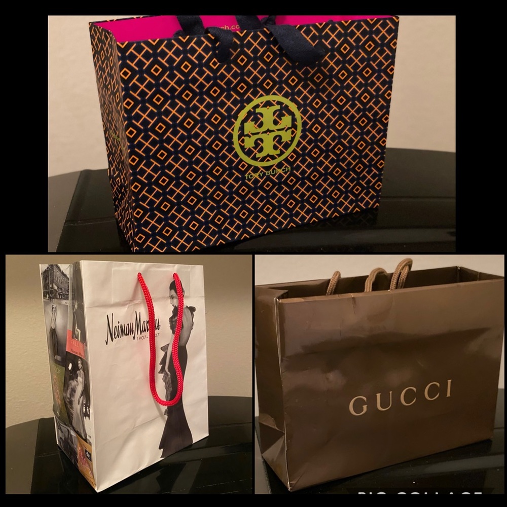 3 small luxury retailer shopping bags Gucci Tory Burch Neiman Marcus Anniversary